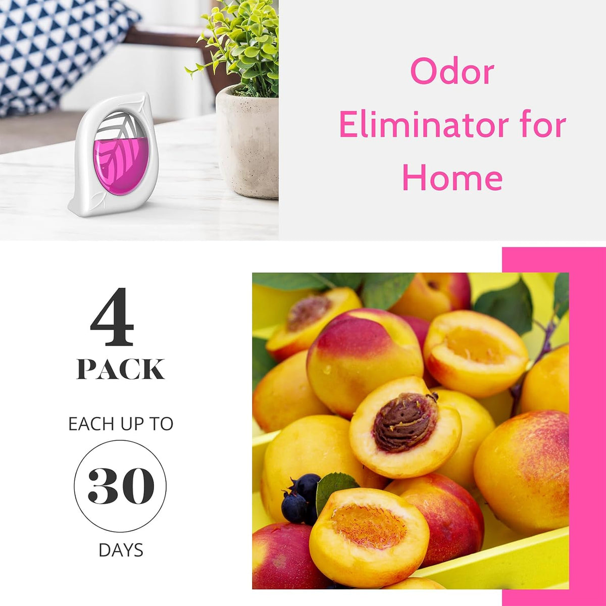 Air Freshener for Home, 4 Pack, Peach, Odor Eliminator for Small Area Closets Bathroom Pets Strong Odor, Up to 120 Days