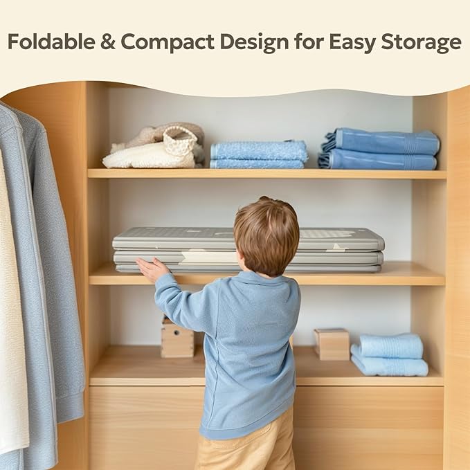 Extra Large Foldable Play Mat, Reversible Baby Play Mat with Edge Reinforcement, Non-Toxic & Waterproof Baby Mat for Floor, Foam Playmat for Infants Toddlers, Rainbow, Cloud & Moon, 47''x71''
