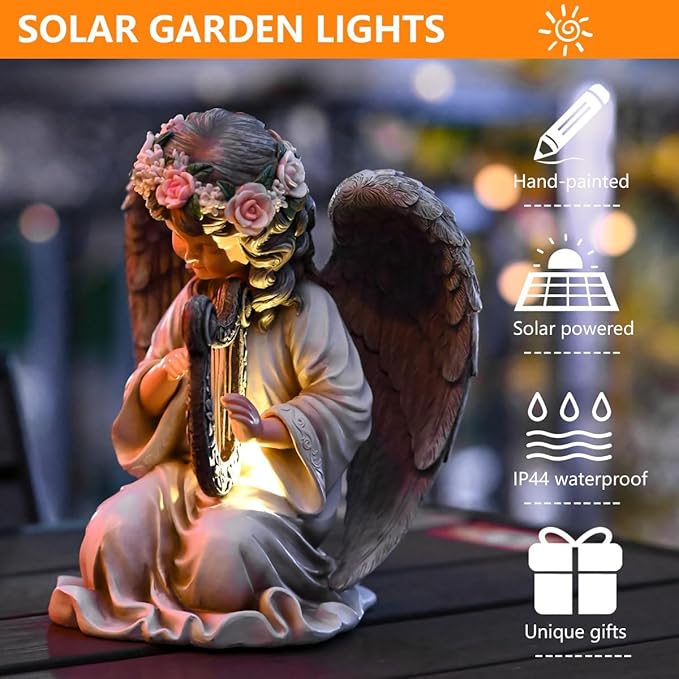 Solar Garden Outdoor Statues Lights, Resin Angel Figurine Light for Patio, Balcony, Yard, Lawn Ornament, Unique Housewarming Gifts and Yard Decor (Angel Plays)