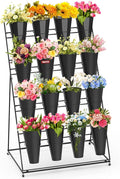 Flower Display Stand 4 Layers with 16 PCS Round Buckets, Plant Stand with Wheels, Movable Metal Plant Stand for Terrace Garden, Florist Shop