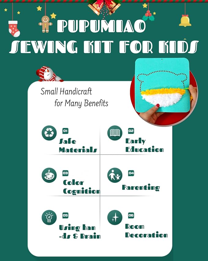 PupuMiao Sewing Kit for Kids DIY Embroidery Sewing Kit Cute Animal Sewing Projects Easy Crafts with English Instructions, Perfect for Beginners, Girls Boys Ages 4-12 (Christmas Theme)