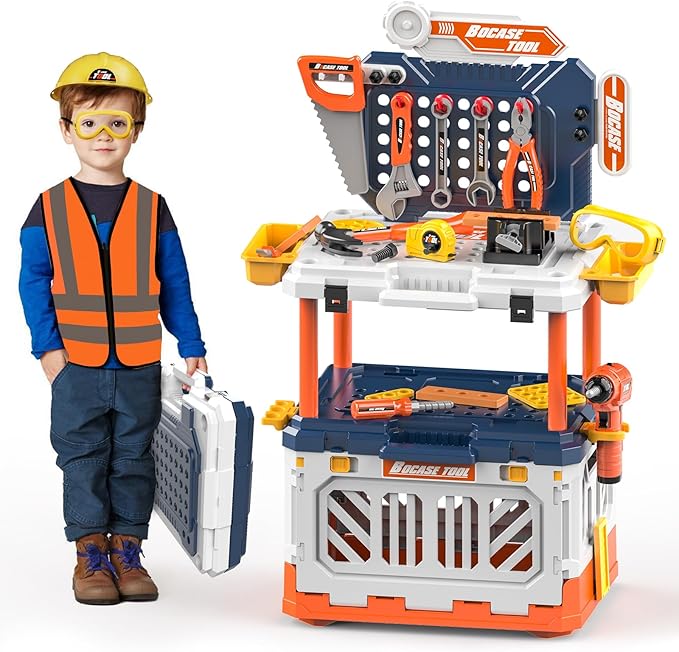 Kids Tool Bench - Toy Workbench with Storage Box,4 in 1 Kids Tool Set with Electric Drill Toy Tool Accessories 90pcs Pretend Play Construction Toy Educational Gift for Kids 3-5,4-8