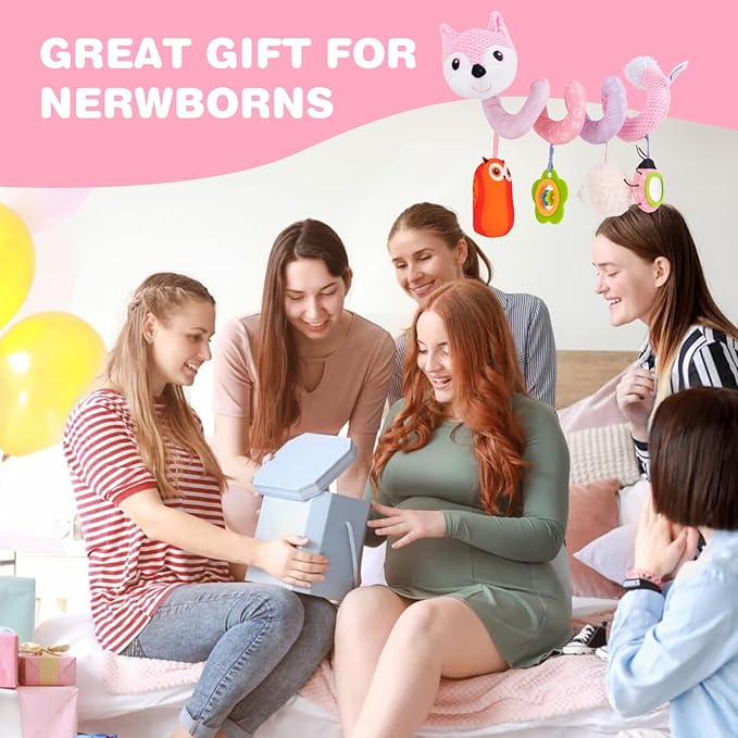Jollybaby Baby Car Seat Stroller Toys, Plush Activity Hanging Spiral Activity Pram Crib with Music Box, Rattles, Squeaker for Babies Infant Boys Girls(Pink Fox)