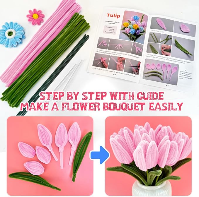 IOOLEEM Pipe Cleaners, 480pcs Pink, Flower Making Kit, Arts and Craft Supplies, Ideas for Art Project Activity.