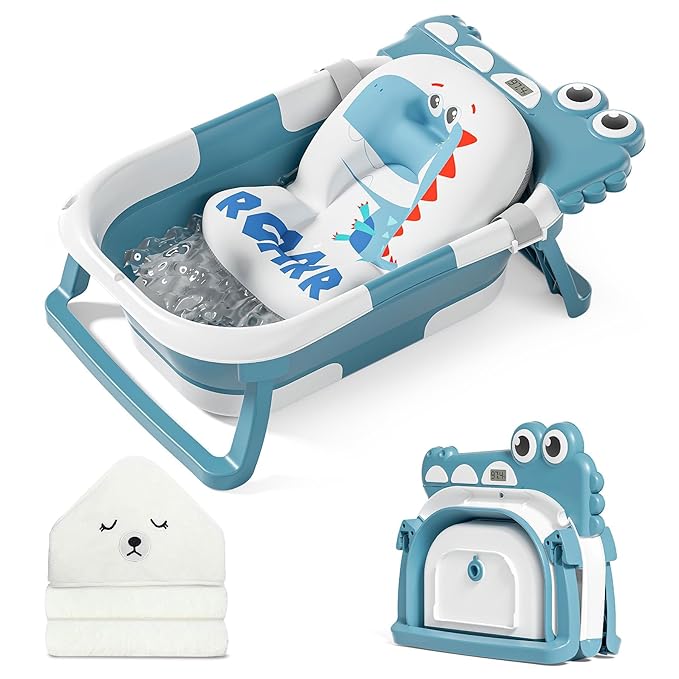 MoreFeel Collapsible Baby Bathtub for Newborn with Thermometer & 1 Hooded Towel & 1 Soft Floating Cushion,Portable Travel Bathtub with Drain Hole, Durable Foldable Baby Tubs for Infants to Toddler