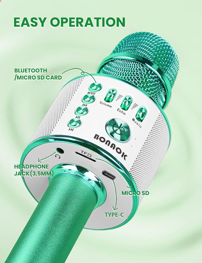 BONAOK Wireless Bluetooth Karaoke Microphone, 3-in-1 Portable Handheld Mic Speaker for All Smartphones, Gifts for Boys Kids Adults All Age Q37(Green)