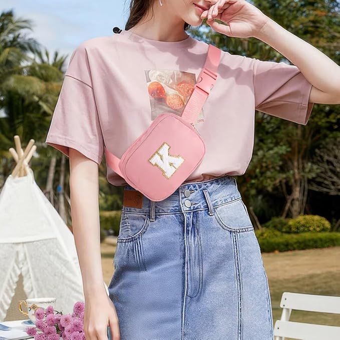 YOOLIFE Gifts for Girls - Initial Belt Bag, Pink Letter Monogrammed Crossbody Bag