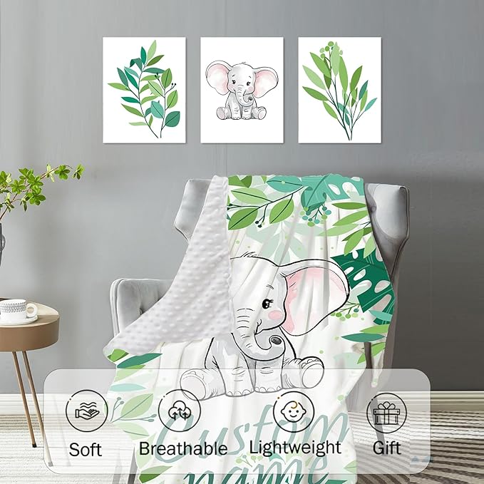 Personalized Baby Crib Bedding Set, Green Elephant Design Custom Name Baby Crib Sets 5-Pcs, Toddler Double Layer Blanket Fitted Sheets Changing Pad Cover Rug Wall Art Set, Charming Nursery Decor