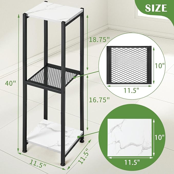 Extra Tall Plant Stand Indoor,40 Inch Plant Stands,3 Tier Metal Plant Stand with Heavy Duty Wood and Metal Mesh Shelf,Marble White and Black