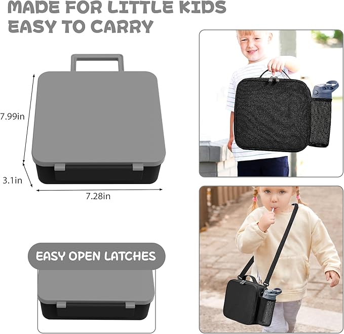 Kids Bento Lunch Box with 8oz Soup Thermo, Water Bottle, Kids Leakproof Lunch Food Containers with 4 Compartment, Insulated Hot Food Jar with Lunch Bag for School, Trvael (Black)