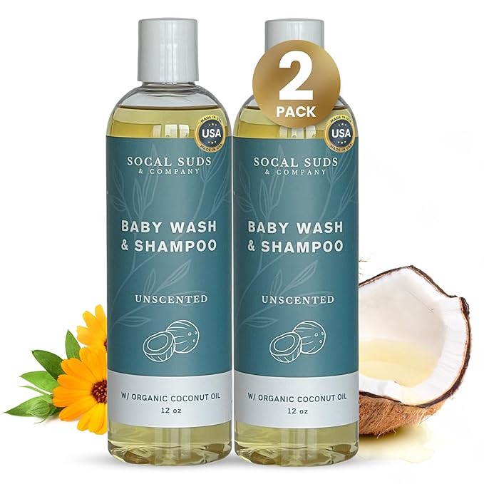 SoCal Suds & Company Baby Shampoo & Body Wash, 2-in-1 Organic Gel - Gentle Castile Soap with Vitamin-Infused Oils & Botanicals - Natural Care for Sensitive Skin Hypoallergenic -12oz Fragrance Free 2Pk