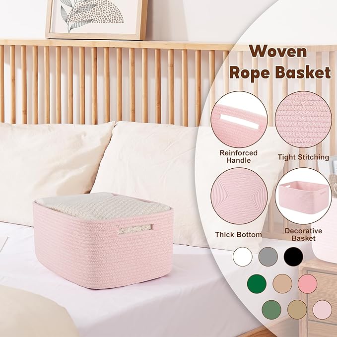 OIAHOMY Storage Basket for Shelves, Closet Cube Storage Bins Baskets for Clothes Blanket Towels, Baby Nursery, Toy Baskets Box, Woven Rope Basket, 17.72*12.99*7.87 IN, 2 Packs Mixed Pink