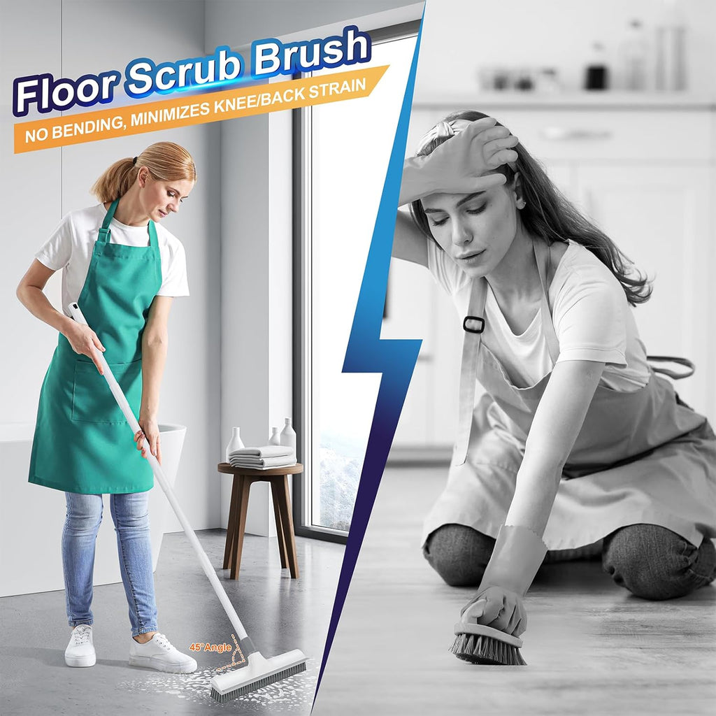 Floor Scrub Brush with 60 inch Long Handle, 2 in 1 Heavy Duty Stiff Bristle Floor Scrubber Brush and Scraper for Cleaning Shower, Tile, Bathroom, Kitchen, Deck, Garage, Patio