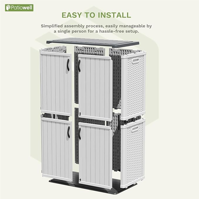 Patiowell 50 cu.ft Plastic Outdoor Storage Shed, Lockable Waterproof Resin Storage Cabinet Vertical Storage Shed for Garden Tools, Garbage Cans, Pool Supplies, White(Not Include Shelves)