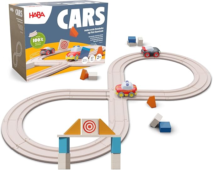 HABA Cars - My First Racetrack, 27 Piece Sustainable Kids' Race Track Set, Battery-Free Push and Go Cars, Ideal STEM Toys for Toddlers Ages 2+