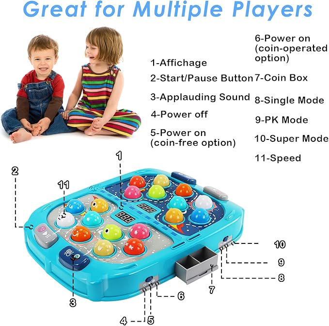 2-Player Whack Game Mole Toy for Kids Ages 3+, 11x15in Early Learning Toy with Lights & Sounds, Interactive Pounding Bench with 9 Speed Levels, Perfect for Families with Multiple Kid of Different Ages