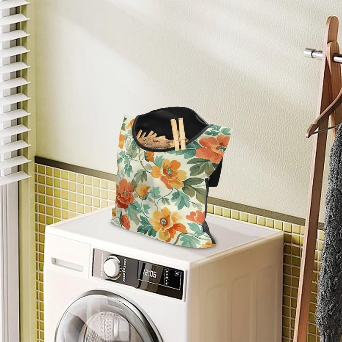 Art Flower Clothespin Bag Clothes Pin Hanging Bag Clothespin Bag with Hanging Hook 12 x 14.6 Inch Laundry Clothes Pin Holder Waterproof Clothes Pin Hanging Bag Clothespin Storage