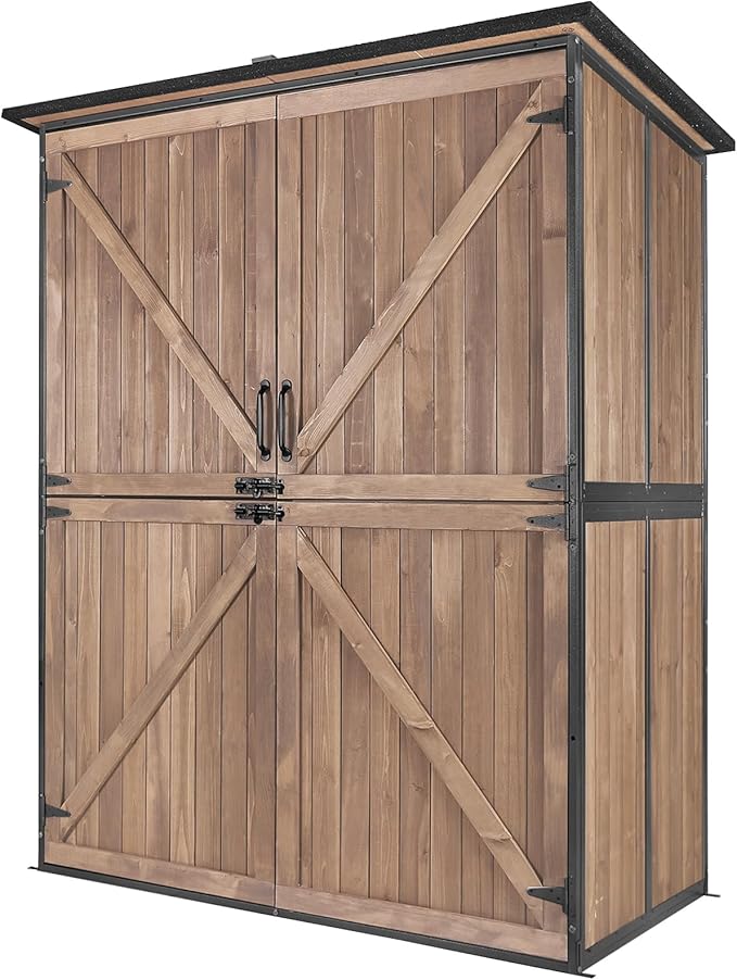 Aivituvin Outdoor Storage Shed Upgraded with Strong Metal Frame Garden Tool Shed Storage House Cabinet with Adjustable Shelfs and Wooden Floor 4.6 x 2.42FT,Dark Brown