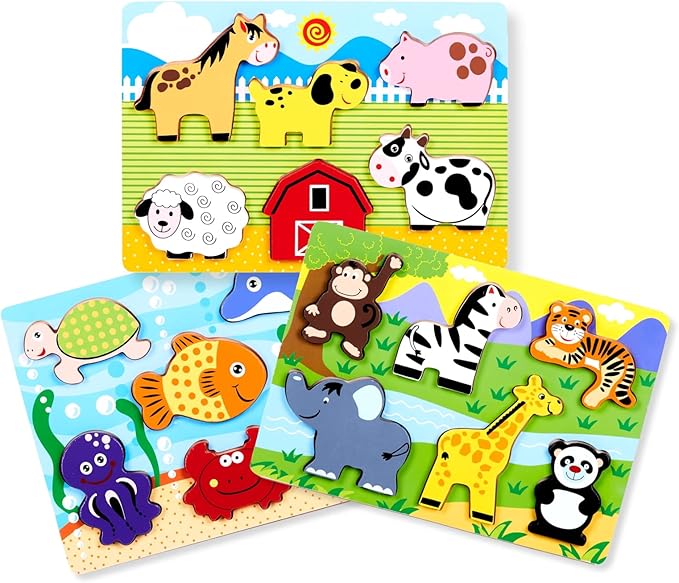 Chunky Puzzles for Toddlers 1-3, Farm, Sea, Zoo Animals Wooden Puzzles, Preschool Early Learning Toy Gift for Kids Ages 1 2 3 Year Old