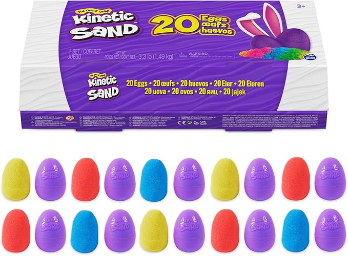 Kinetic Sand, 20-Pack Eggs with 3.3lbs Red, Yellow & Blue Play Sand for Egg Hunts, Party Favors & Goodie Bags, Sensory Toys for Kids Ages 3 and up
