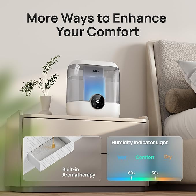 Dreo 6L Humidifiers for Bedroom, Quiet Supersized Cool Mist Ultrasonic Humidifier with Diffuser, 60 Hour Runtime for Home, Nursery, Plant, Gray