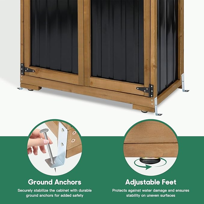 Outdoor Storage Cabinet, Wood & Metal Storage Shed with Weather-Resistant Roof, Adjustable Shelf, Lockable Doors & Adjustable Feet, for Garden, Patio, Backyard, 27.5" x 13" x 67" (Brown+Black)