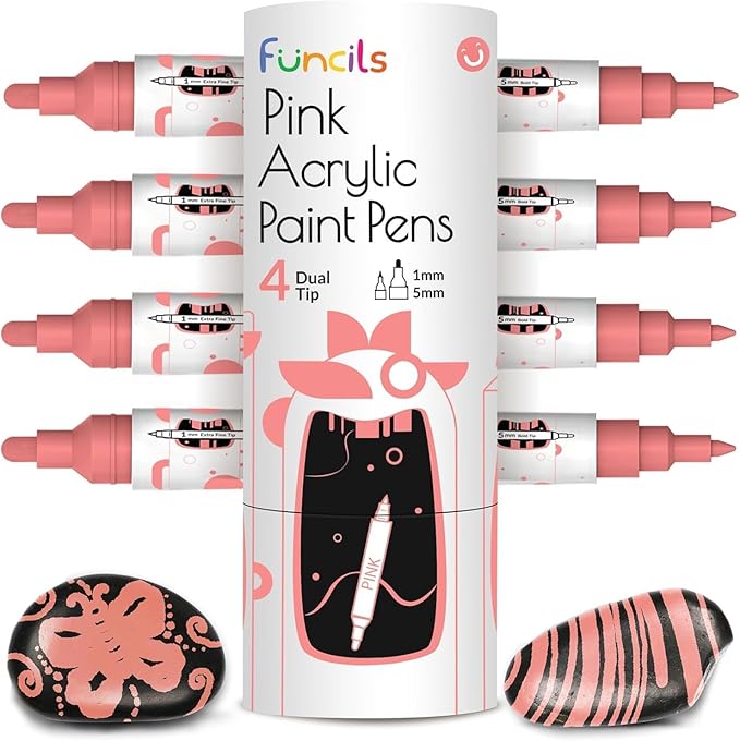 4 Dual Tip Pink Paint Pen Metallic - Fine Tip & Medium Acrylic Paint Markers - Pink Marker for Metal, Wood, Rock Painting, Canvas, Ceramic, Glass, Fabric, Leaf and Plastic - Water-based Ink