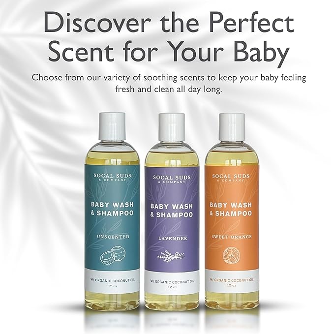 SoCal Suds & Company Baby Shampoo & Body Wash, 2-in-1 Organic Gel - Gentle Castile Soap with Vitamin-Infused Oils & Botanicals - Natural Care for Sensitive Skin Hypoallergenic - 12oz Sweet Orange