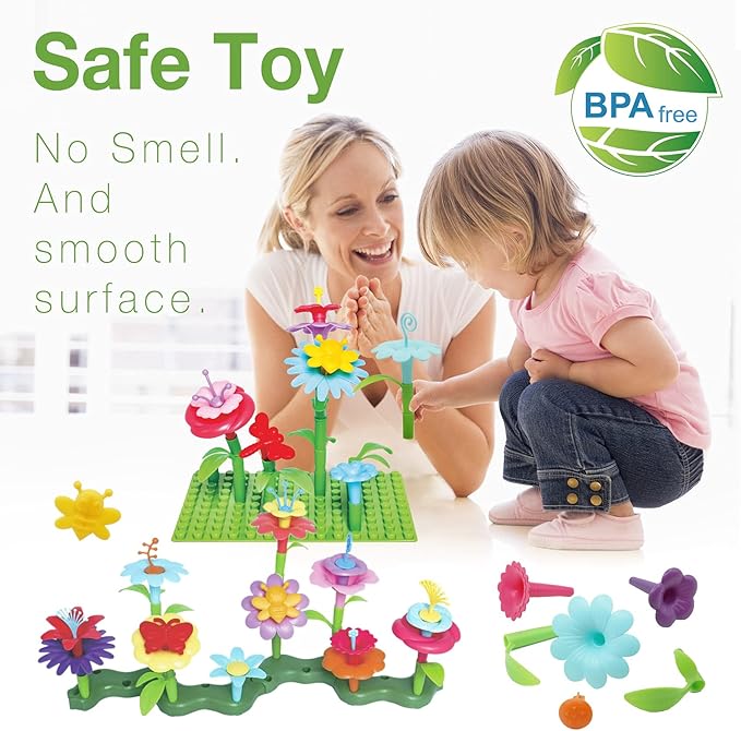 3-6 Years Old Toddler Toys - Flower Garden Building Toy with Insect Pegs, Educational Activity Gifts for Girls Preschool-Kindergarten, 153Pcs STEM Stacking Pretend Play Set
