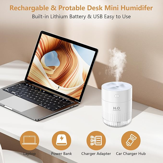 Portable Mini Humidifiers For bedroom baby, 350ml Small Cool Mist Humidifier USB Rechargeable Humidifier For plants, Travel Office Home, Auto Shut-Off,2 Mist Modes Super Quiet,With Night Light