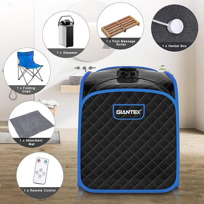 Giantex Portable Sauna, Sauna Box 3L Steam Box Remote Control, 9 Adjustable Temperature & Timer, Foot Roller, Mat & Foldable Chair, Steam Sauna for Single Person, Personal Sauna Tent for Home, Black