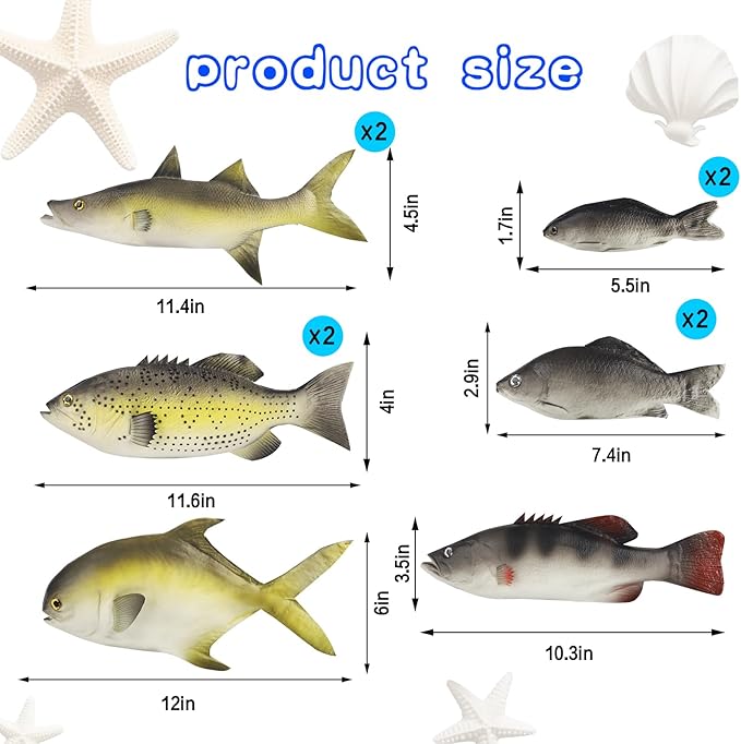 10 Pcs Realistic Fake Fish 6 Types Lifelike Stuffed Artificial Fish Models Rubber Fishs for Photography Props, Party Favor Display, Kitchen Decor