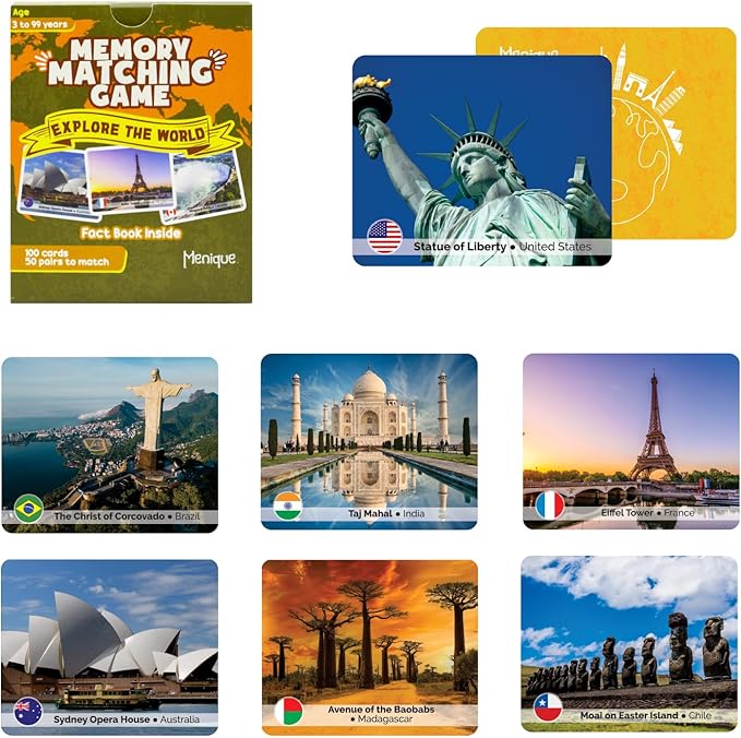 Menique Explore The World Memory Matching Game – 100 Cards (50 Pairs) with Famous Landmarks from 50 Countries – Includes Flag, Country & Place – Educational Geography Game + Informative Booklet