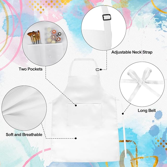 PLULON 6 Pcs Kids Apron Adjustable White Chef Apron with 2 Pockets Painting Aprons for Kids Cooking Baking Crafts (White)