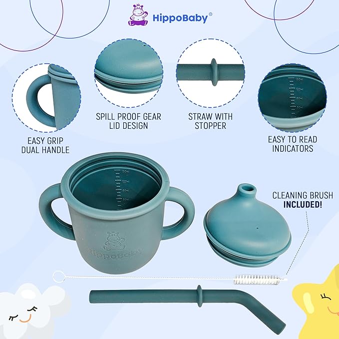 Silicone Transition Sippy Cup for 6+ month old | Includes 1 Toddler straw cup & 1 Baby Sippy Cup with Handles 5 oz | Perfect for Baby Led Weaning (Sky/Mint, 5 oz)