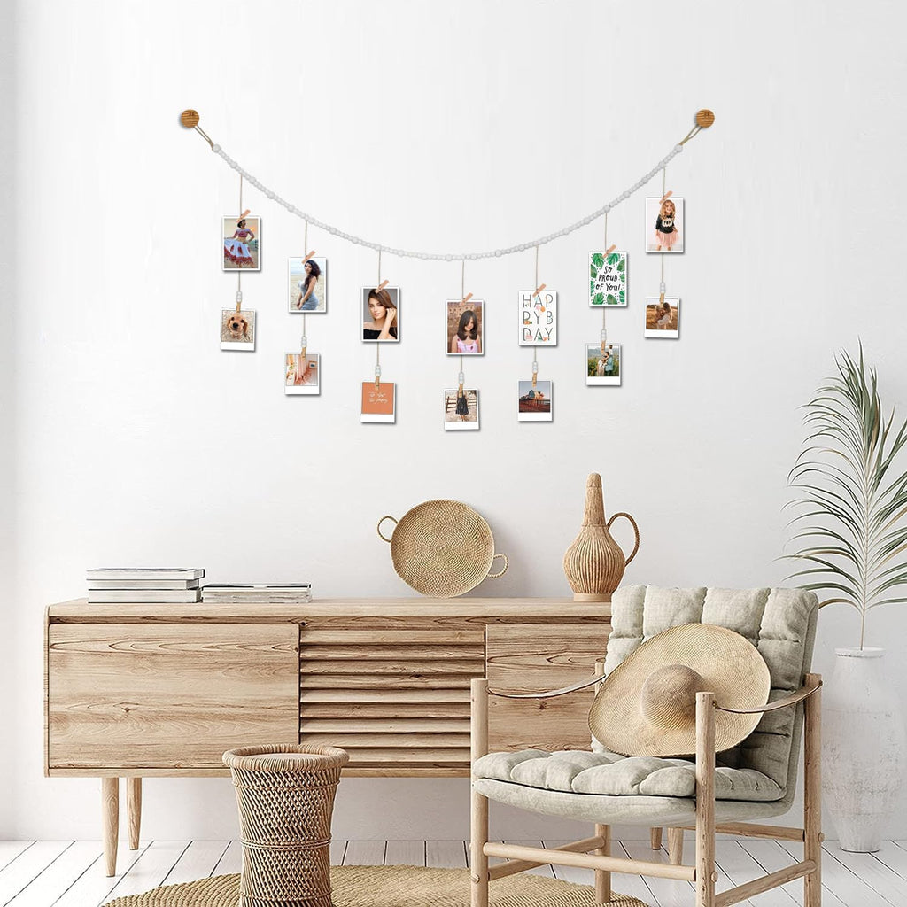 4 Feet Wooden Beads Garland with Clothespins Picture Cards Holder - Country Farmhouse Christmas Nursery Boho Holiday Decorations with Clips