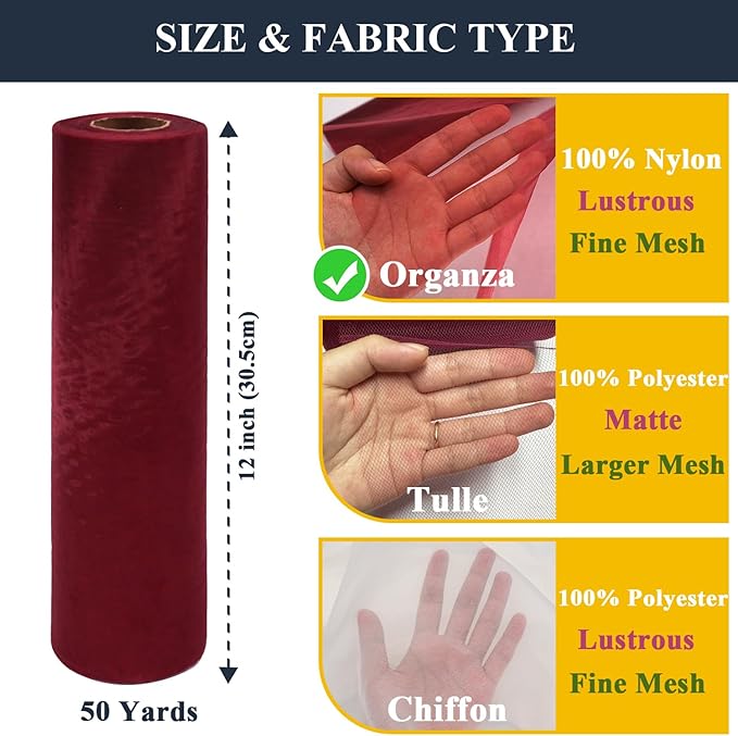 Organza Tulle Fabric Rolls, Crystal Organza 12" by 50 Yards (150 ft) Sheer Nylon Silky Shiny Netting Spool Bolt for DIY Craft Table Runner Wedding Baby Shower Party Decor (Burgundy)