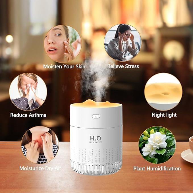 Portable Mini Humidifiers For bedroom baby, 350ml Small Cool Mist Humidifier USB Rechargeable Humidifier For plants, Travel Office Home, Auto Shut-Off,2 Mist Modes Super Quiet,With Night Light