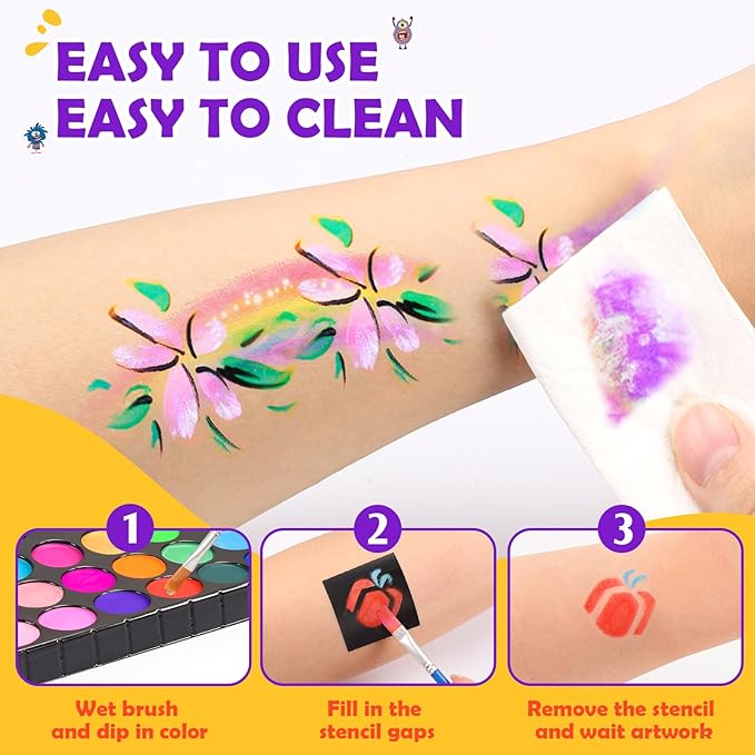 Face Painting Kit for Kids, 24 Colors Water Based Non-Toxic Face Paint with Stencils & Brushes, Professional Body Makeup Set for Halloween, Birthday, Parties with Guide Book Art and Craft Art Supplies
