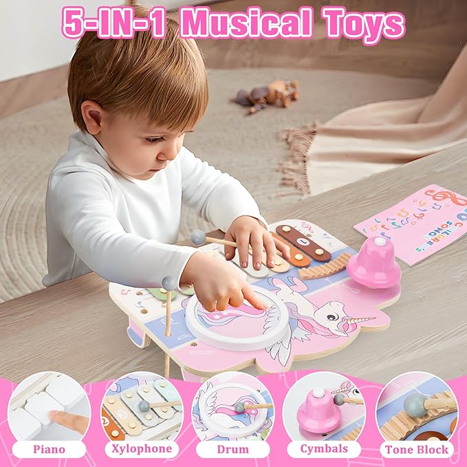 Kids Piano Musical Toys - 5 in 1 Wooden Music Instruments Montessori Toys for Baby Toddler, Sensory Toys with Drum Xylophone, Preschool Educational Toys, Birthday Gifts for Girls Boys Pink