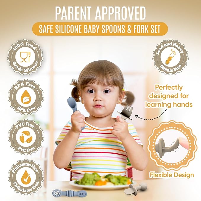 4pc Silicone Baby Spoons Self Feeding Baby Utensils 6-12 Months - 3 Baby Spoon - 1 Baby Fork - Toddler Cutlery Set - BPA Free, Dishwasher Safe - Baby Eating Essentials (Gray/Beige)
