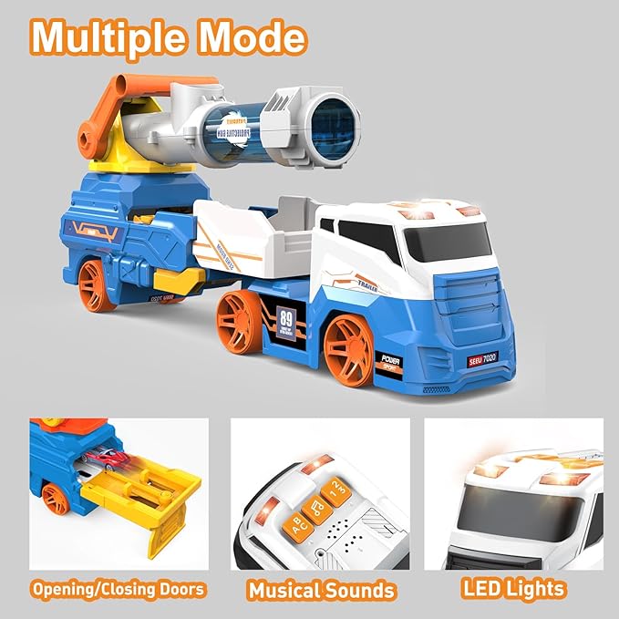 Dwi Dowellin Truck Toys for Kids, 28" Large Car Toys Include 4 Racing Cars+6 Ball, with Light & Sounds, Eejection&Shooting Transport Cars Toy, Gifts for Boys Girls 3-12 Year Old-Blue