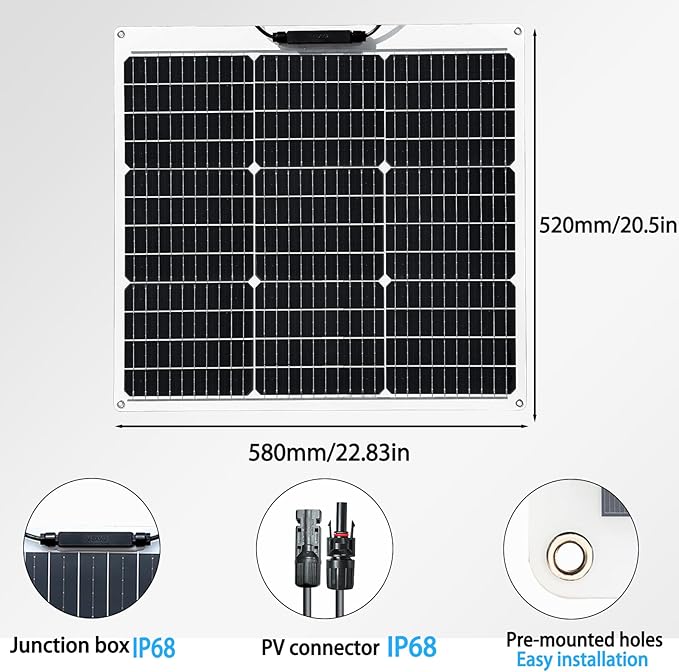 Flexible Solar Panel 50W 12V Monocrystalline Module Fiberglass Lightweight Charge for RV Trailer Boat Cabin Van Car Uneven Surfaces (50W-1)