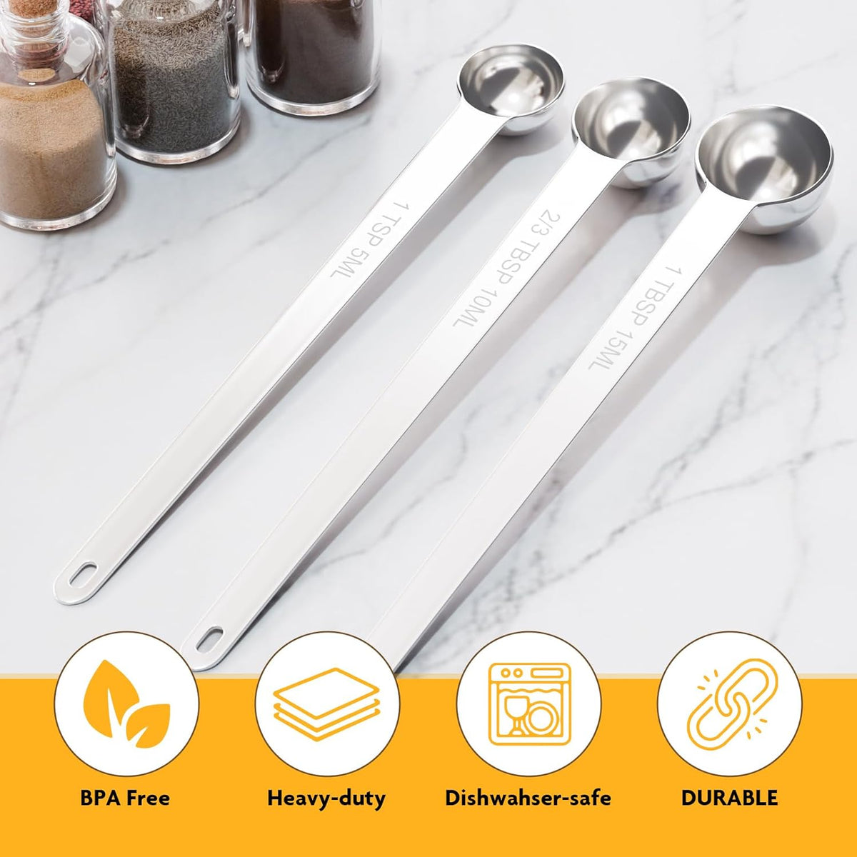 2PCS 1Tsp(1/3tbsp, 5ml) Extra Long Handle Measuring Spoon, Single Stainless Steel Individual Measure Scoop Only
