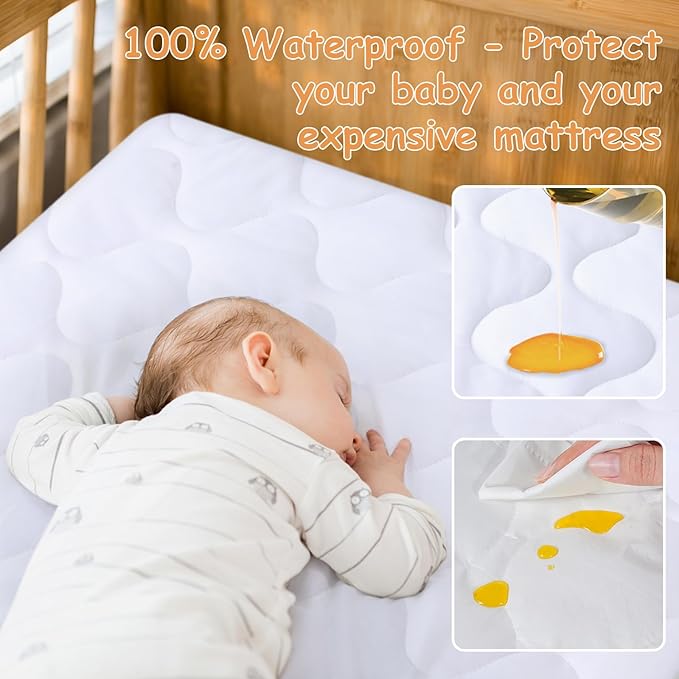 Yoofoss Waterproof Mini Crib Mattress Protector, Quilted Baby Mattress Pad Cover Soft and Breathable, Machine Washable Portable Mattress Protector for Standard Baby Mini Crib Size 38"X24" - White