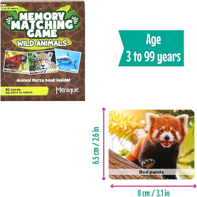 Menique Wild Animals Memory Matching Game – 80 Cards (40 Pairs) with Real Photos – Includes Educational Booklet with Animal Facts – Fun & Cognitive Game for Kids and Adults