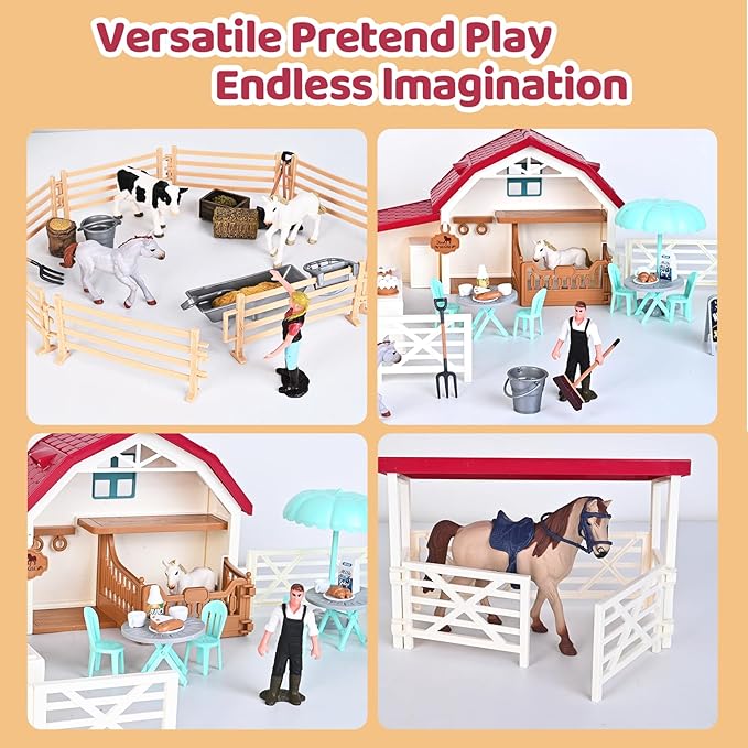 Horse Club Riding Arena 71-Piece, Horse Stable Toys Playset, Farmmer Figures,Farm Animal Figurine, Coffee Shop, Barn with Fence Toys for 3-7 Years Old Kids Boys Girls Toddlers