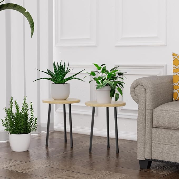 Plant Stand Indoor 2 Pack: Corner Wood 14 Inch Plant Stand Mid Century Modern Decor - Small Round Plant Table for Indoor Plants - Outdoor Plant Holder for Patio Living Room Bathroom Office (Burlywood)