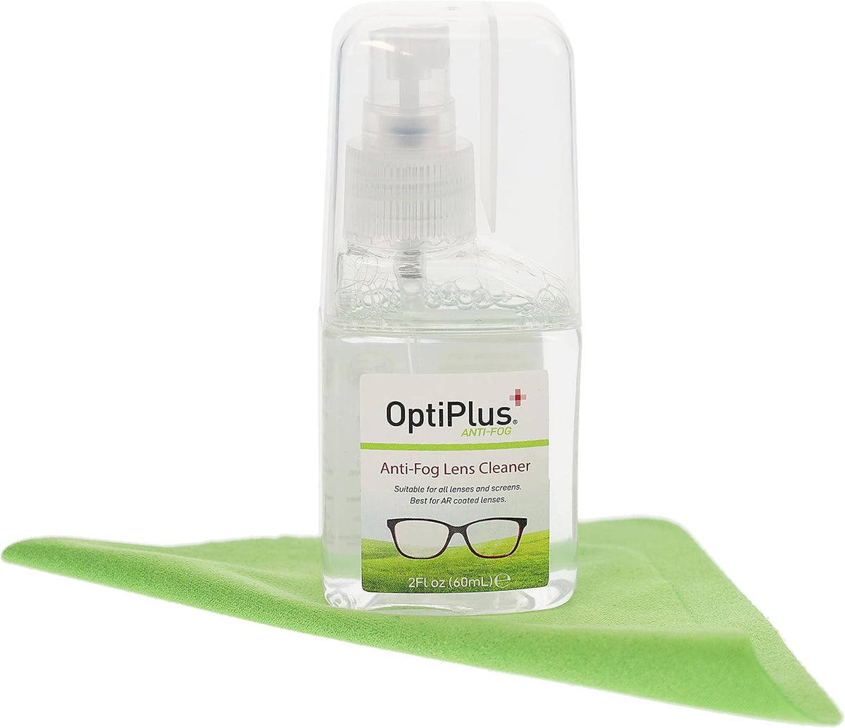 OptiPlus Anti-Fog Lens Cleaning Spray Kit l Cleaning Spray and Microfiber Cloth for Glasses, Laptops Screens, Smart Phones, Optical Lens, Goggles, Watch Screen and More l Defogging and Cleaning l 2oz