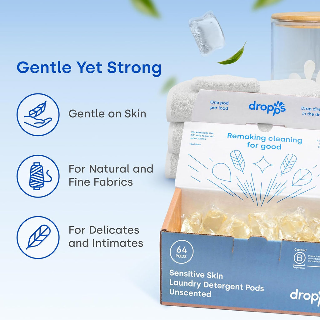 Dropps Sensitive Skin Laundry Detergent Pods, Unscented (160 Count) - Dermatologist Tested Laundry Pods - HE Compatible Laundry Supplies for Clean Clothes, Vegan & Dye-Free